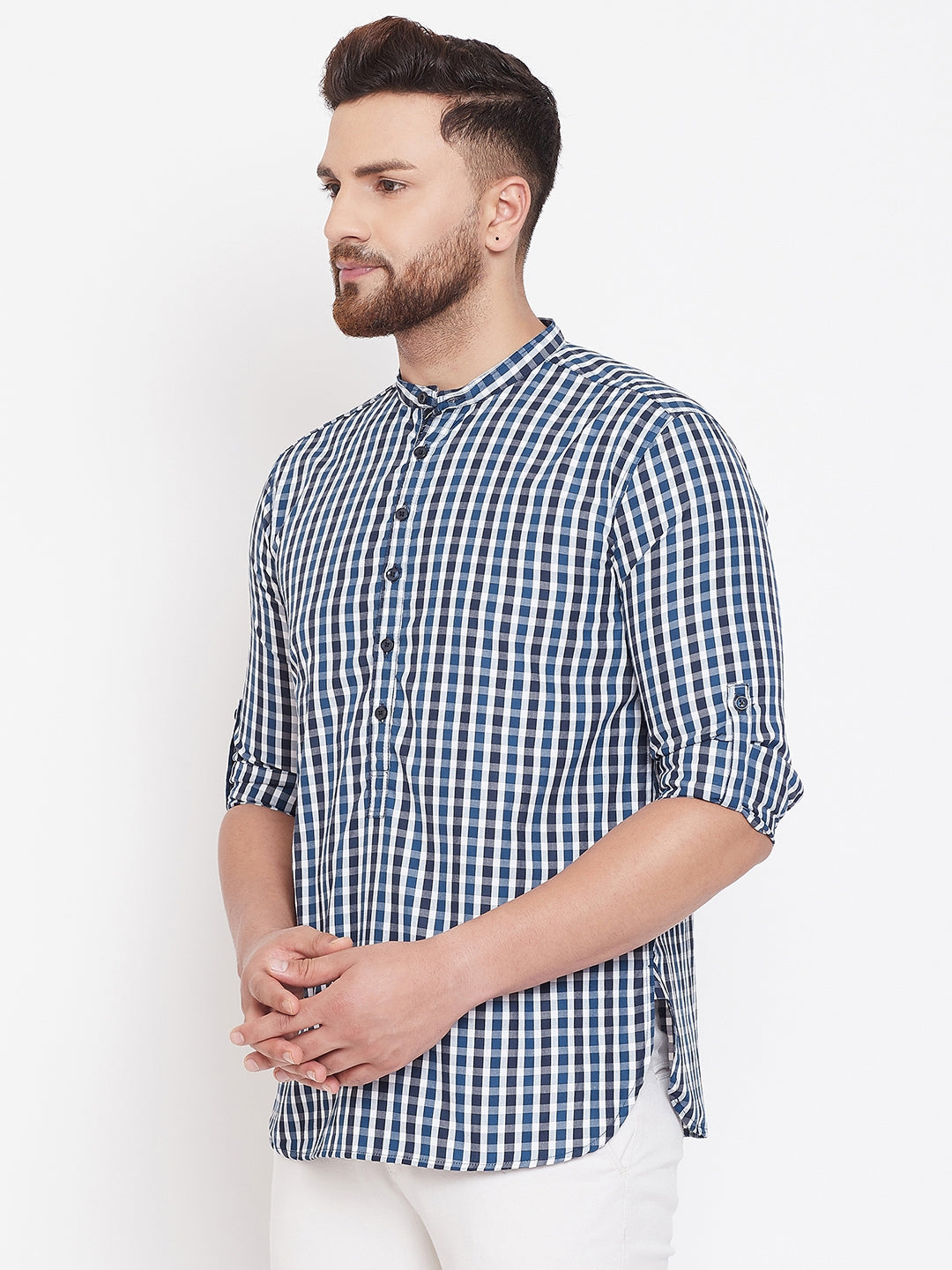 Men's Checked Blue & White Shirt Kurta