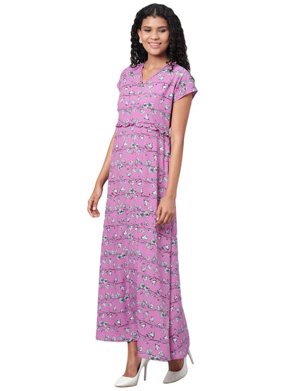 Women's Purple Printed Short Sleeve Polyester V Neck Casual Dress