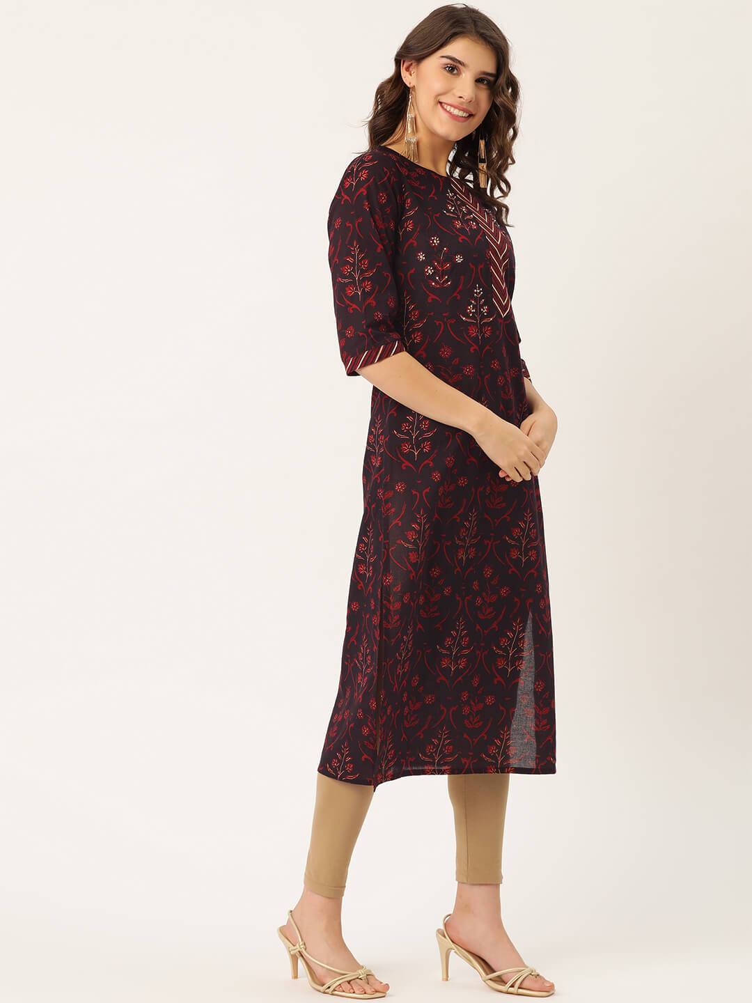 Women's Cotton Printed with Adda mirror work & Gotta detailing Kurta