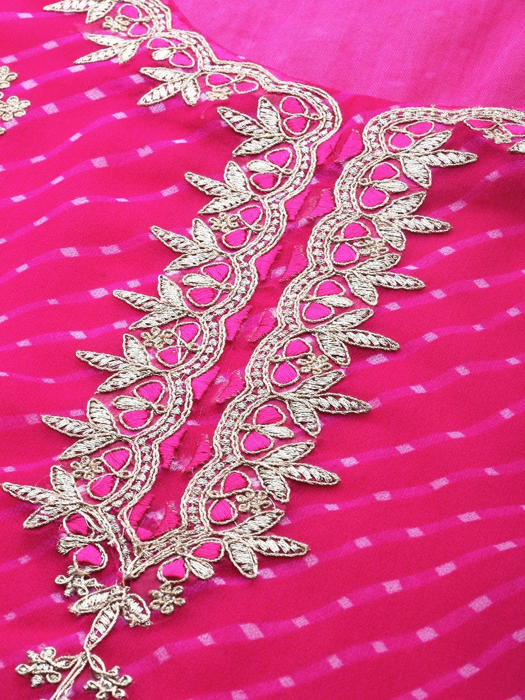 Women's Pink Leheriya Printed Gota Patti Yoke Embroidery Layered Kurta
