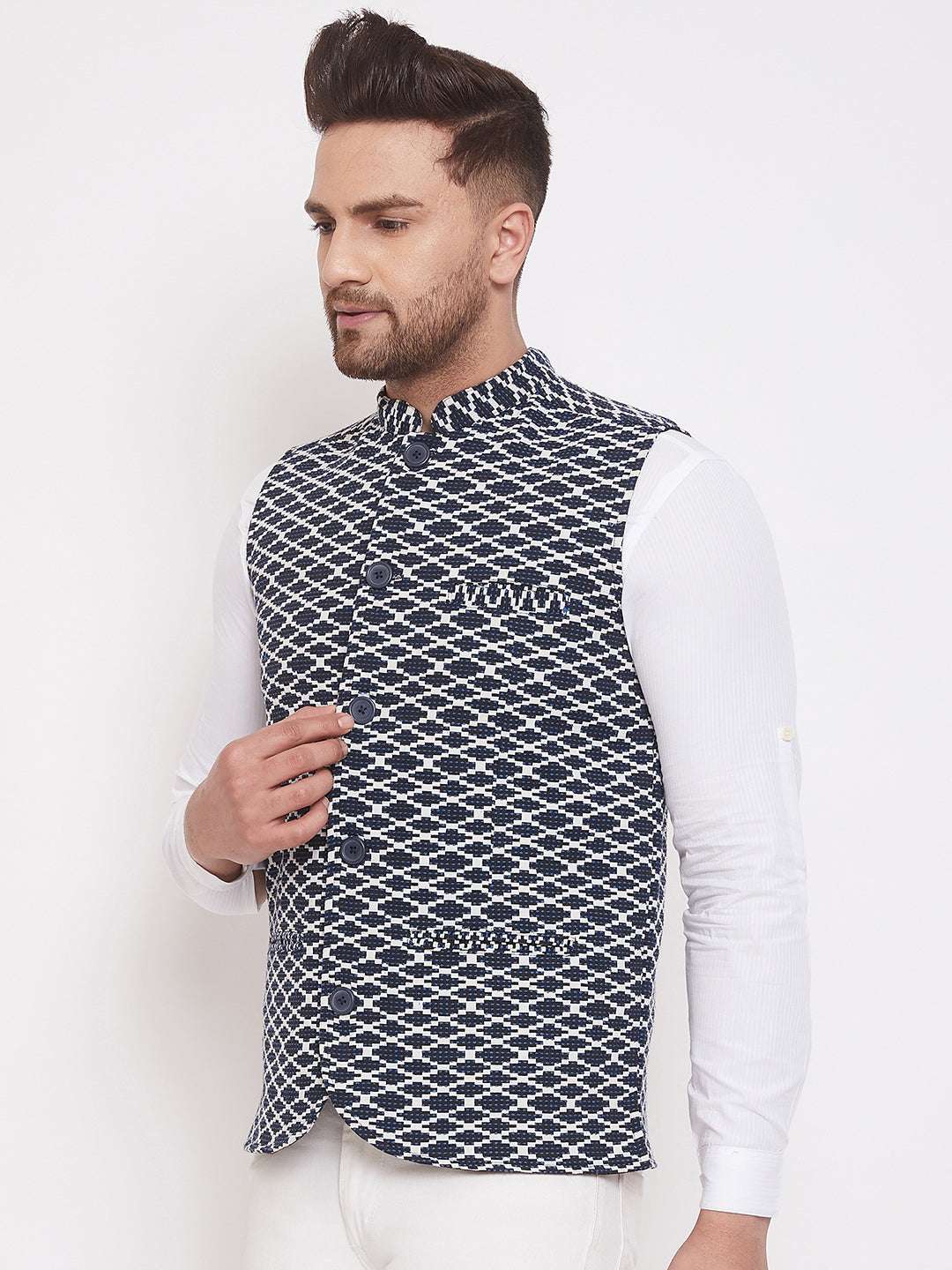 Men's Navy Blue Woven Designer Jacket