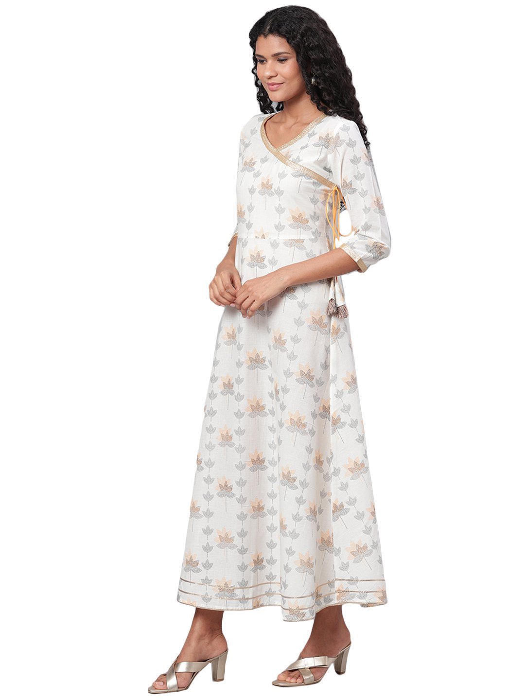 Women's Multi Printed 3/4 Sleeve Cotton V Neck Dress