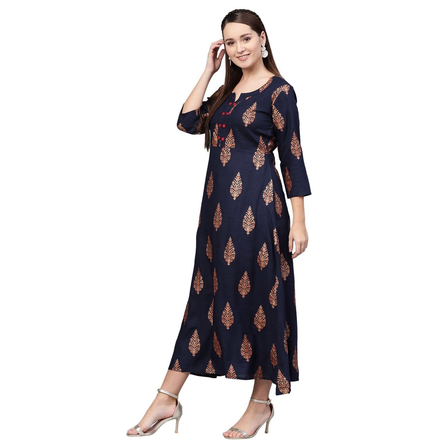 Women Navy Blue Cotton Printed Dress by Myshka (