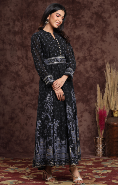 Women's Georgette Printed Flared Dress With Belt