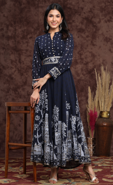 Women's Georgette Printed Flared Dress With Belt