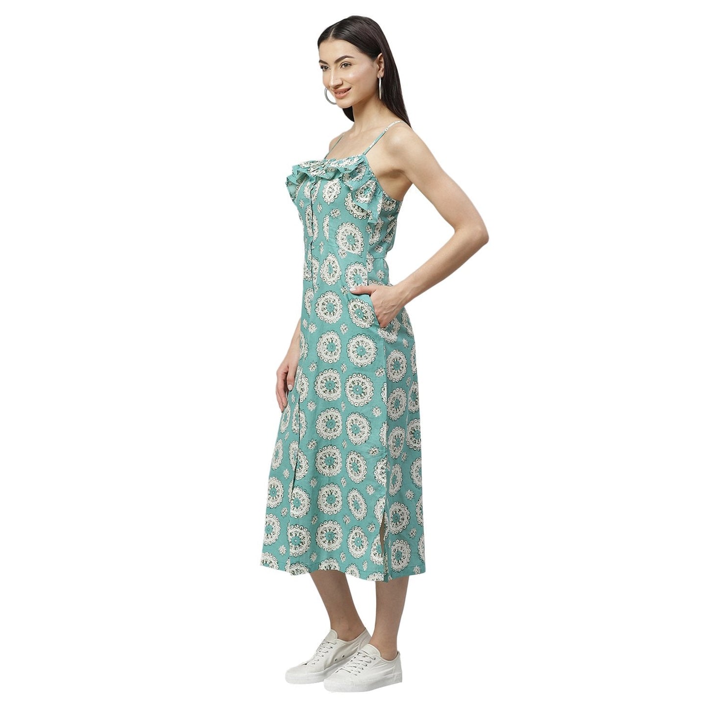 Women's Blue Cotton Printed Sleeveless Srep Neck Casual Dress