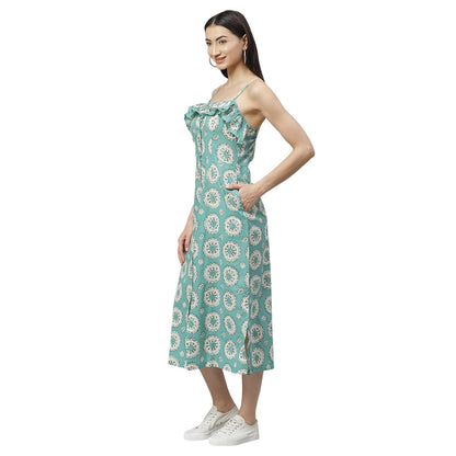 Women's Blue Cotton Printed Sleeveless Srep Neck Casual Dress