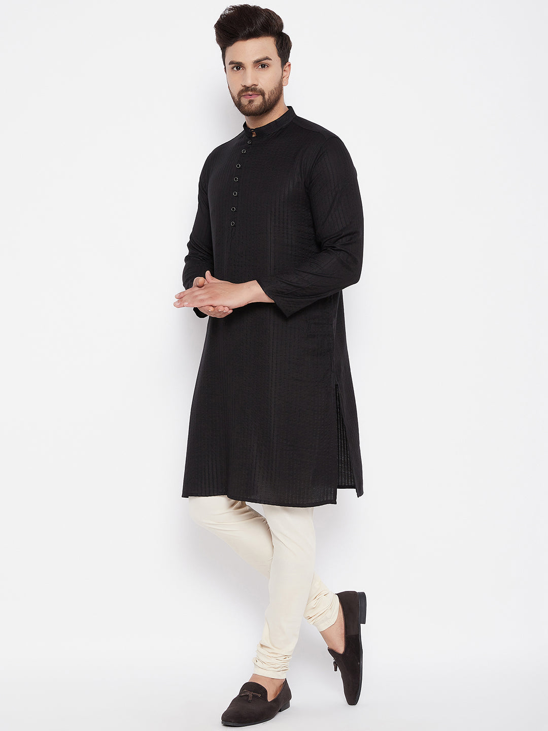 Men's Woven Design Black Straight Kurta