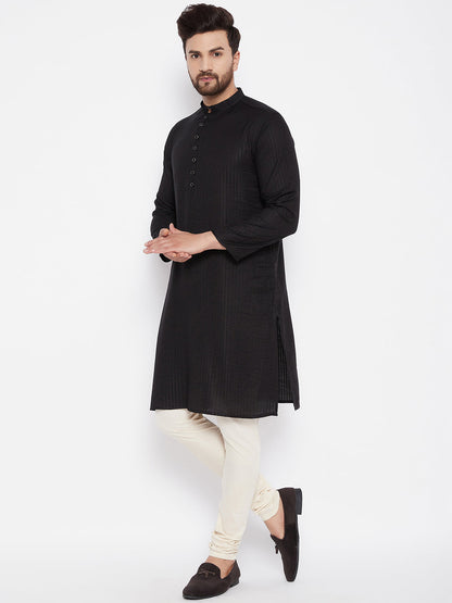Men's Woven Design Black Straight Kurta