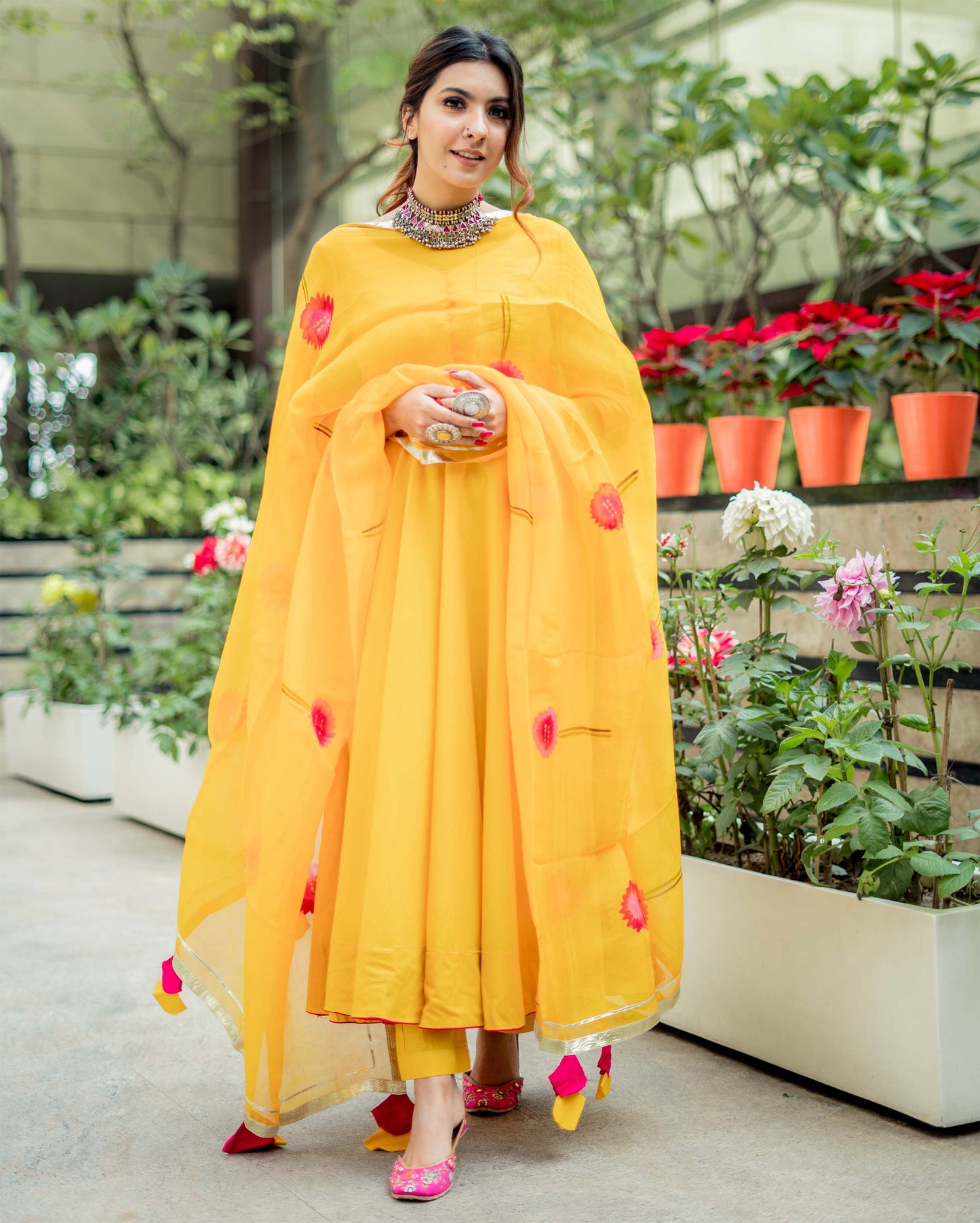 Women's Yellow Organza Handpainted Suit Set