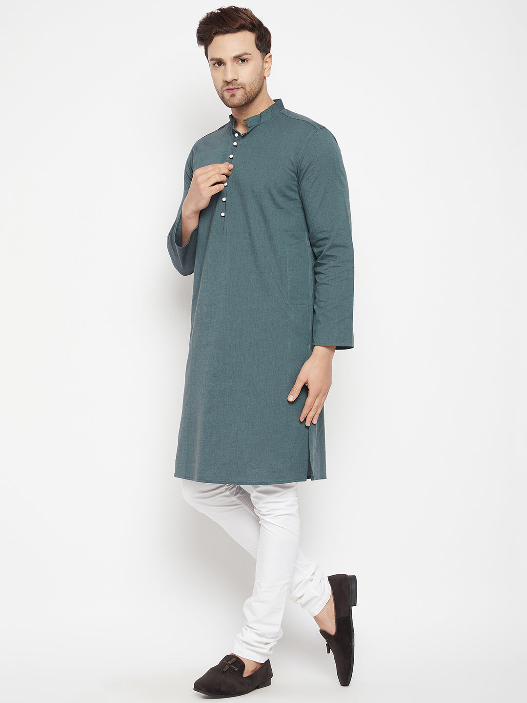 Men's Green Color Long Kurta with Band Collar