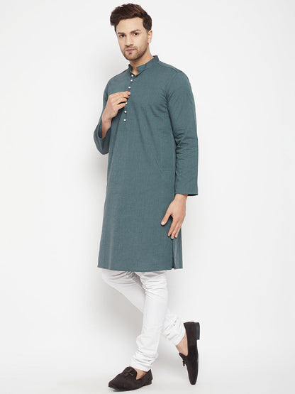 Men's Green Color Long Kurta with Band Collar