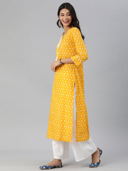 Women's KSUT Mustard And White Ikkat Printed Straight Kurta With Dori And Tassel Detailing On Neckline
