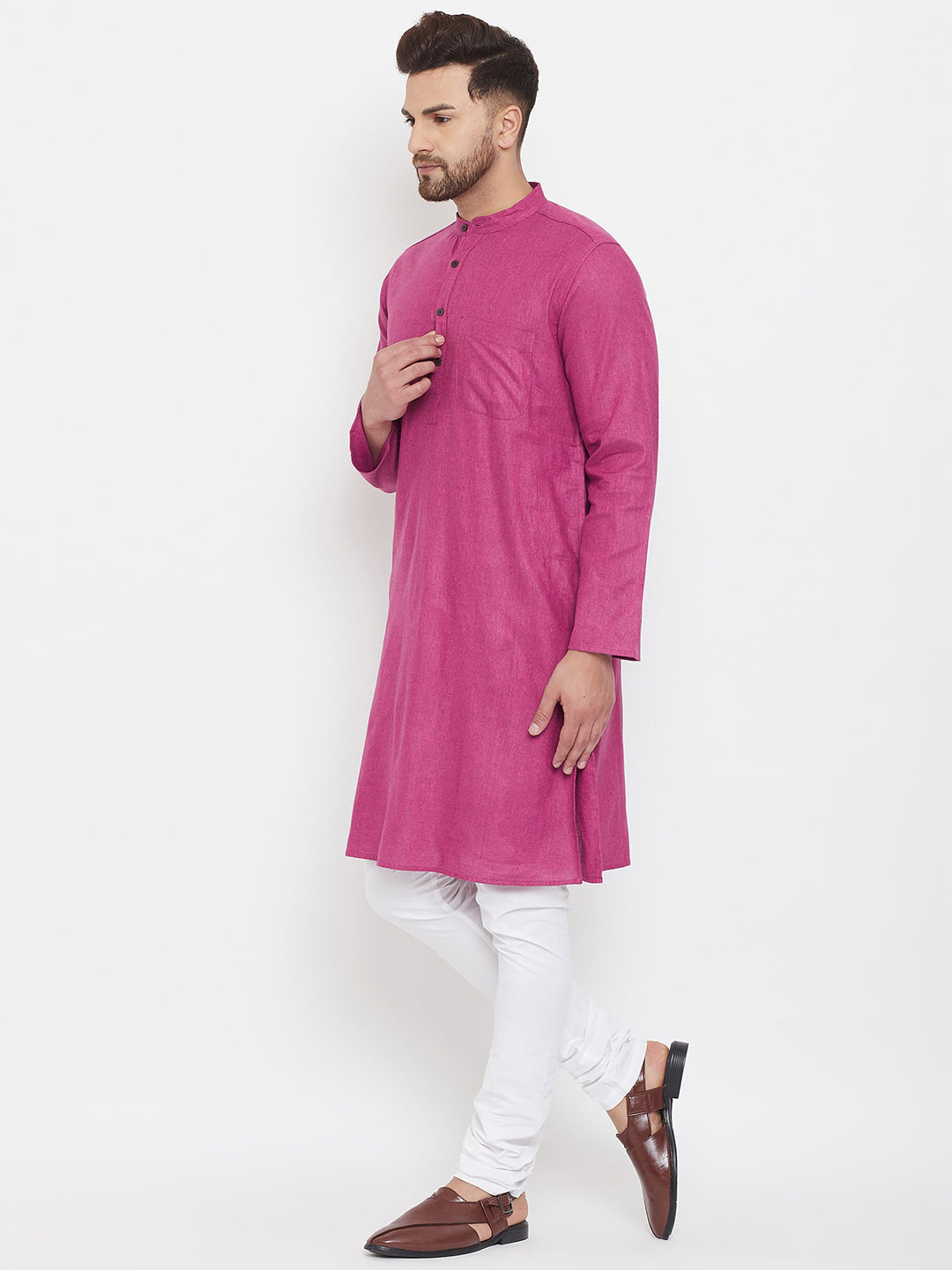 Men's Magenta Solid Cotton Kurta