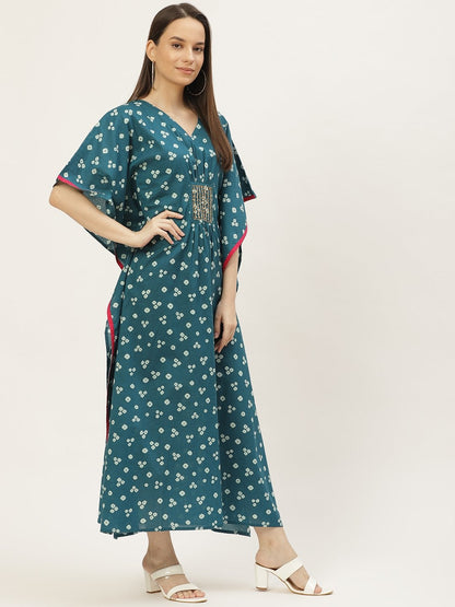 Women's Blue Printed & Embroided Kaftan Dress (1pc)