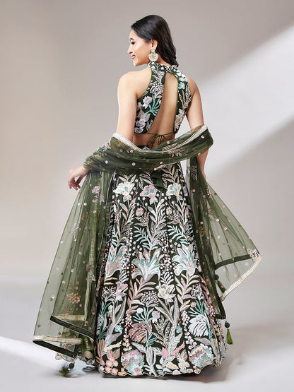 Women 's Olive Net Sequinse Work Ready to Wear Lehenga & stitched Blouse with Dupatta