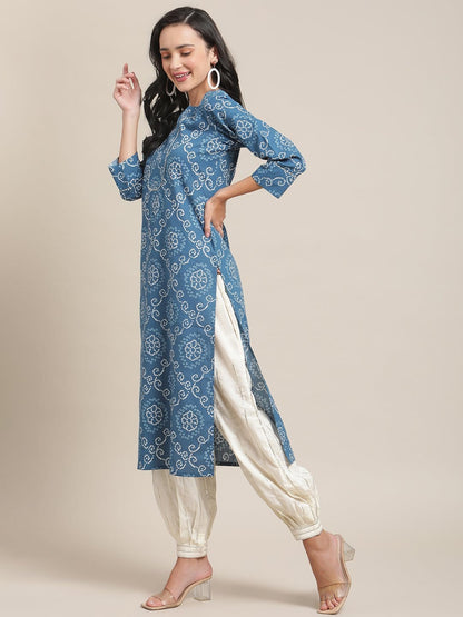 Women's KSUT Blue And White Bandhej Printed Kurta With 3/4Th Sleeves