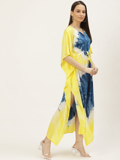 Women's Yellow & Blue Tie-Dye Kaftan Dress (1pc)