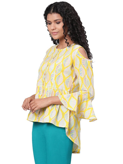 Women's Yellow Printed 3/4 Sleeve Round Neck Cotton Casual Top