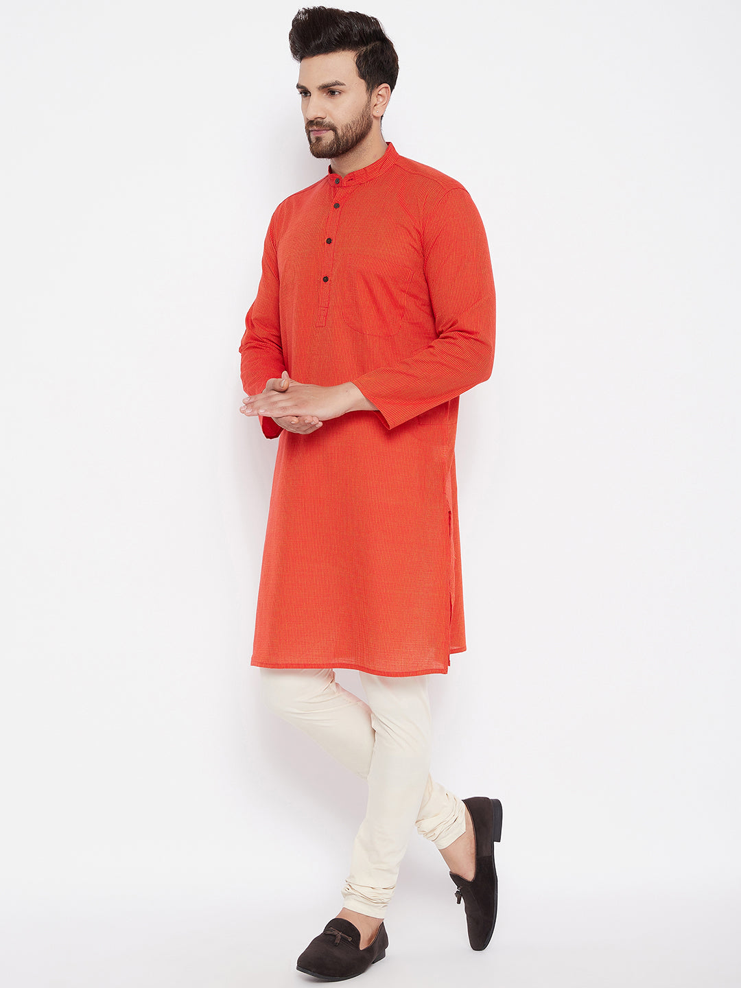 Men's Cotton Striped Orange Kurta