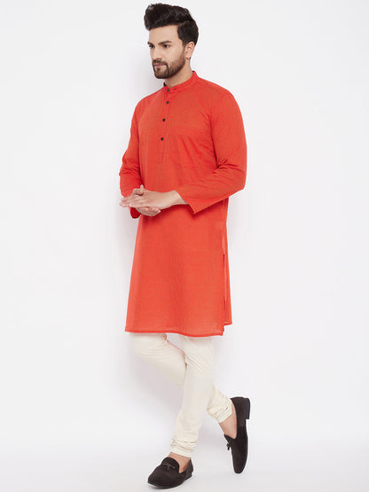 Men's Cotton Striped Orange Kurta
