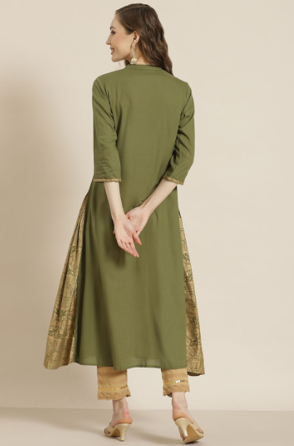 Women's Juniper Olive Rayon Printed A-Line Kurta