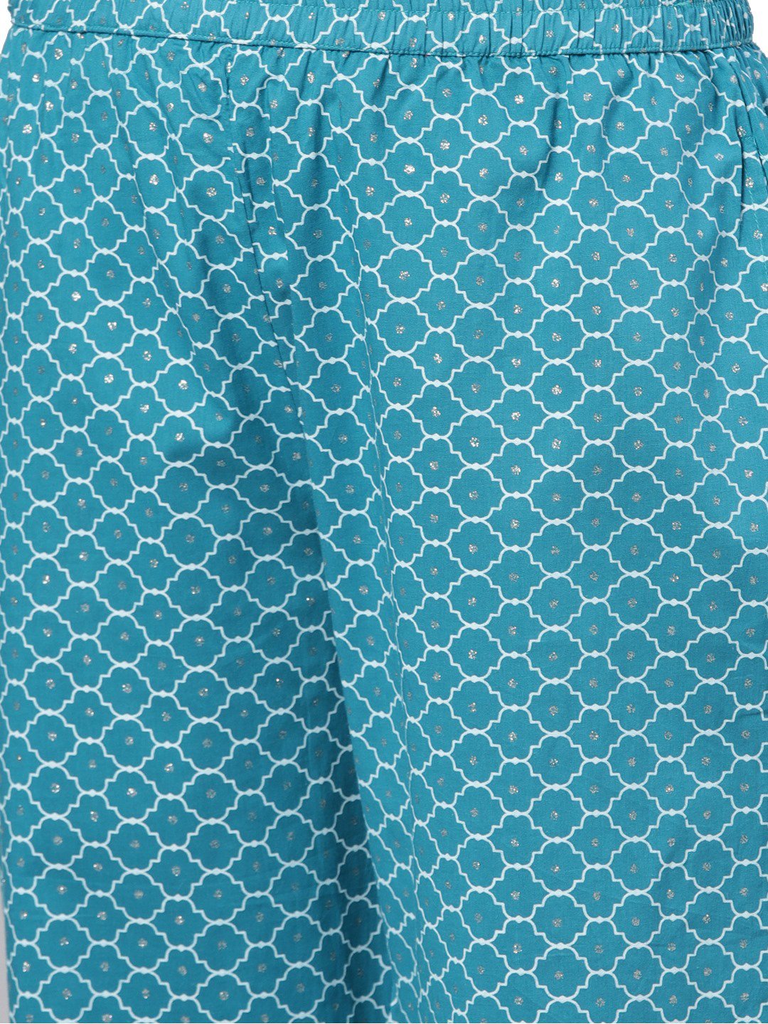 Women's Blue Printed 3/4 Sleeve Cotton Round Neck Casual Kurta Pant Set