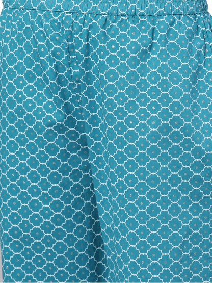 Women's Blue Printed 3/4 Sleeve Cotton Round Neck Casual Kurta Pant Set