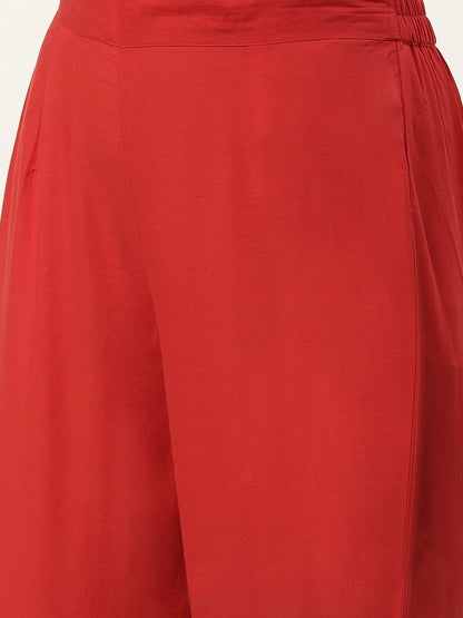 Women's Green & Red Ethnic Motifs Hand Printed Cotton Kurta with Trousers