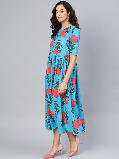 Women's Sky Blue Cotton Printed 3/4 Sleeve Round Neck Dress