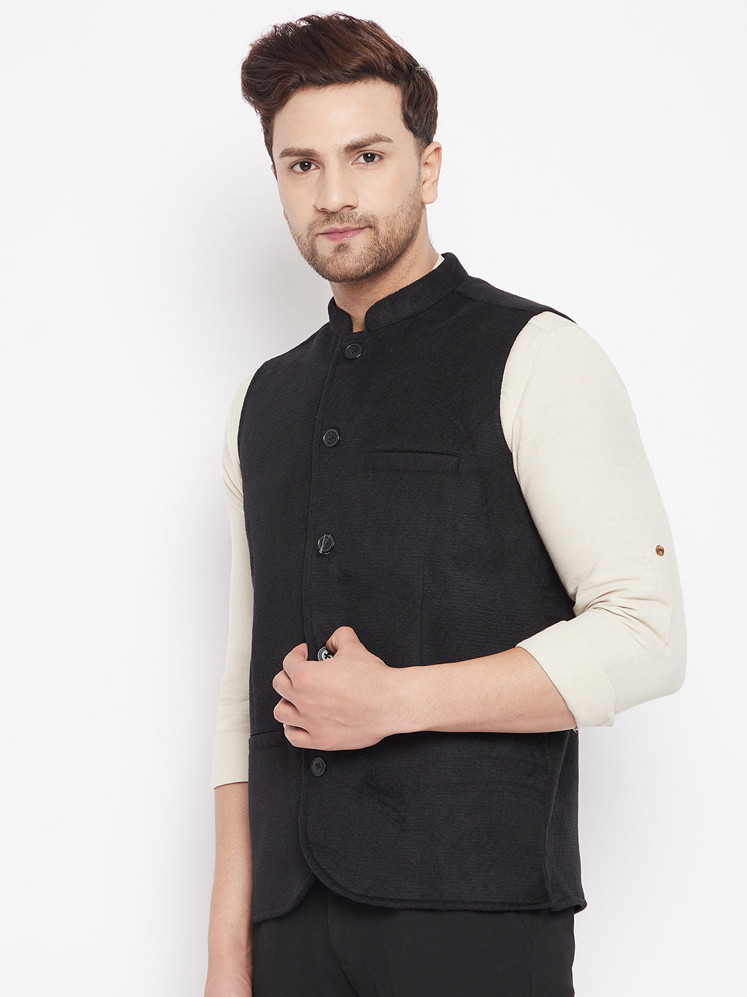 Men's Black Color Woven Nehru Jacket