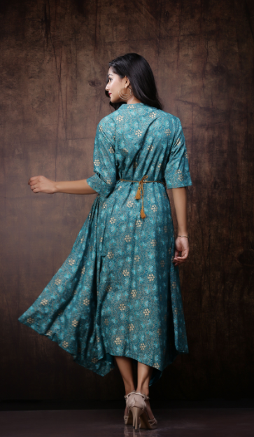 Women's Rayon Printed Asymmetric Dress With Belt