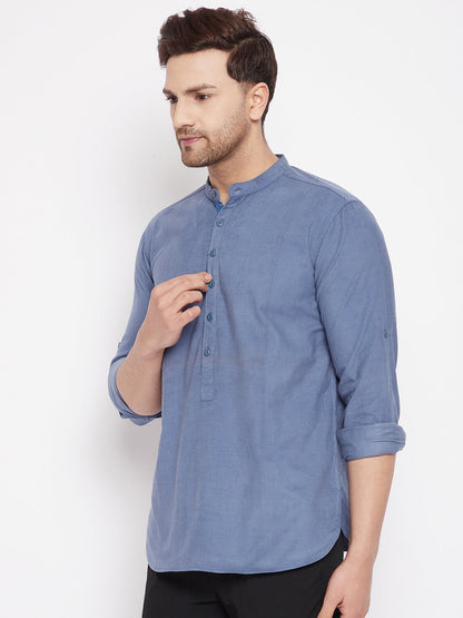 Men's Grey Color Short Kurta with Band Collar
