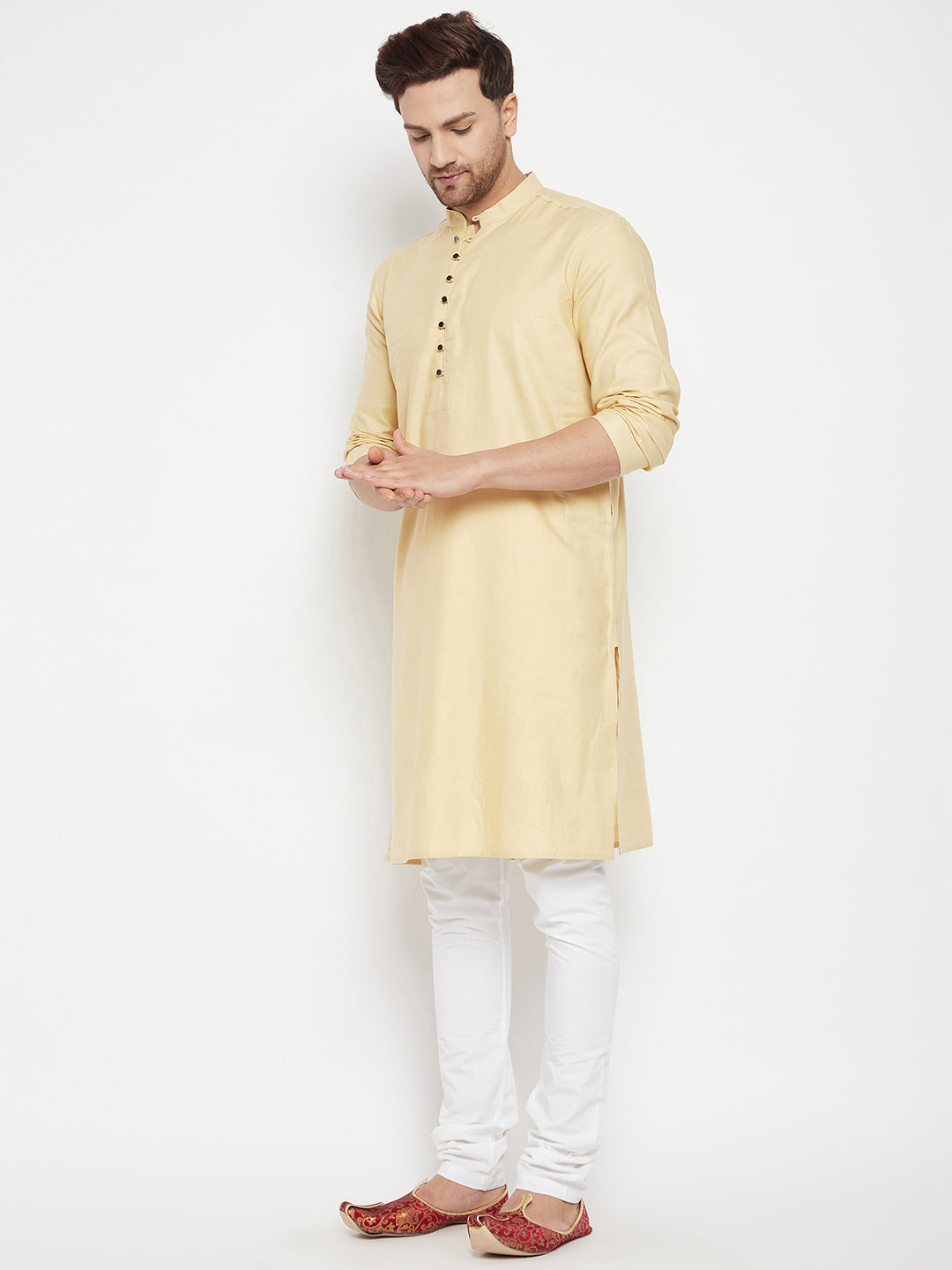 Men's Beige Color Long Kurta with Band Collar