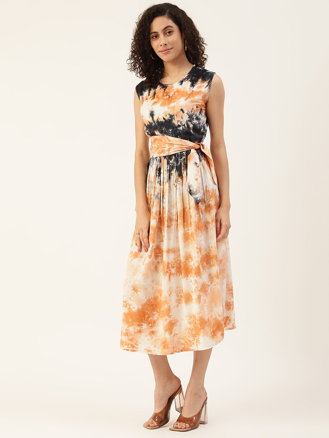 Women's Orange Color Tie-Up Belt Gathered Dress