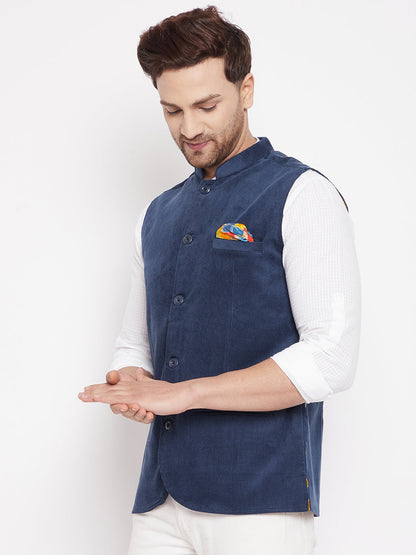 Men's Blue Color Nehru Jacket-Contrast Lining-Inbuilt Pocket Square