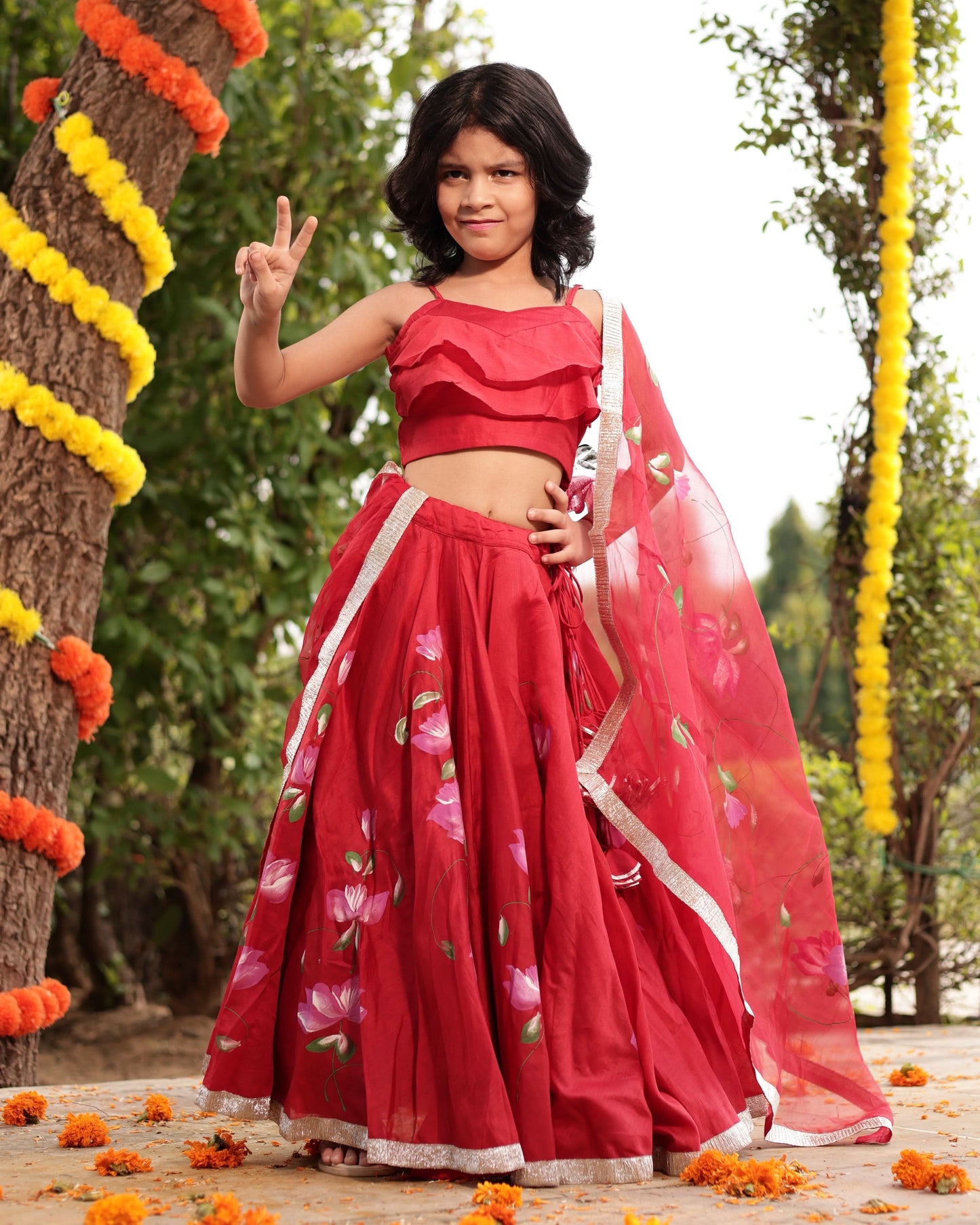 Girl's Tinsel Red Handpainted Chanderi Lehenga Set