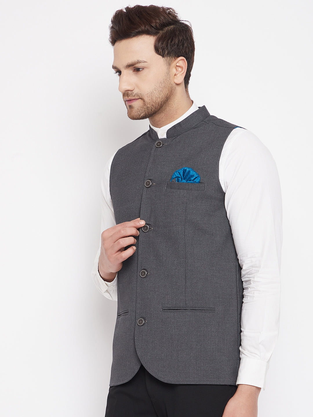 Men's Grey Color Nehru Jacket-Contrast Lining-Free Pocket Square