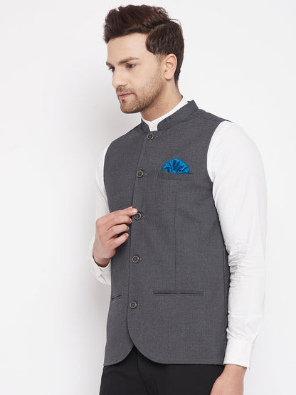 Men's Grey Color Nehru Jacket-Contrast Lining-Free Pocket Square