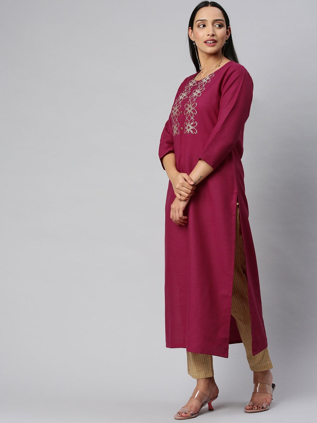 Women's KSUT Fuchsia And Gold Yoke Embroidery Kurta With 3/4Th Sleeves