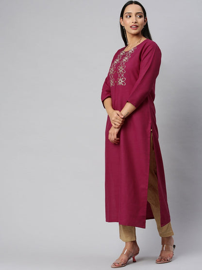 Women's KSUT Fuchsia And Gold Yoke Embroidery Kurta With 3/4Th Sleeves