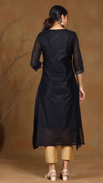 Women's Black Modal Chanderi Printed Straight Kurta