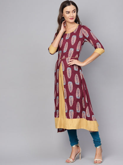 Women's Purple Rayon Printed 3/4 Sleeve Round Neck Casual Kurta Only