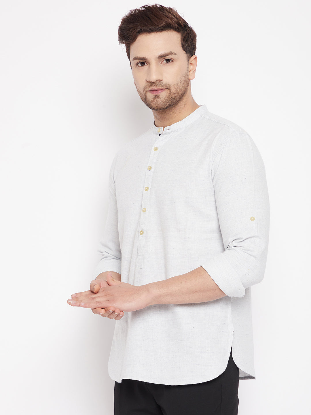 Men's Cream Color Short Kurta with Band Collar