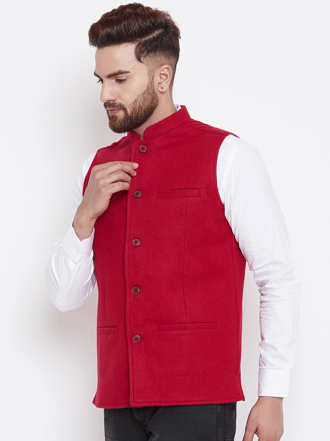 Men's Wool Red Nehru Jacket