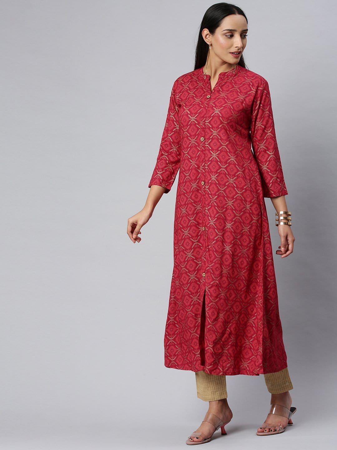 Women's KSUT Fuchsia And Gold Geometric Printed A Line Kurta With 3/4Th Sleeves