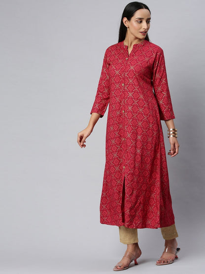 Women's KSUT Fuchsia And Gold Geometric Printed A Line Kurta With 3/4Th Sleeves