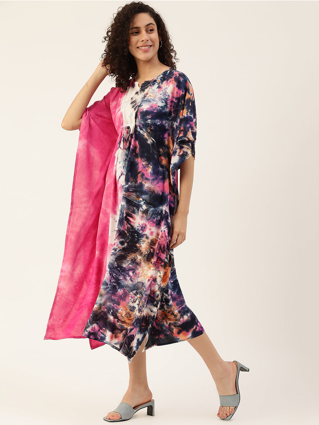 Women's Pink-Blue Tie-dye Rayon Kaftan Dress