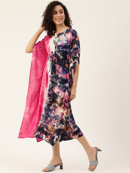Women's Pink-Blue Tie-dye Rayon Kaftan Dress