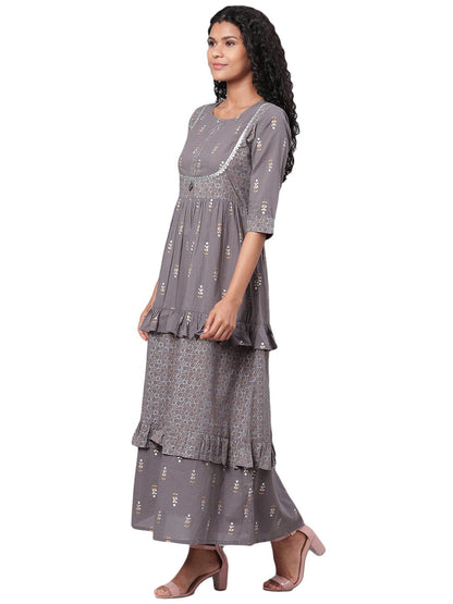 Women's Grey Printed 3/4 Sleeve Cotton Round Neck Dress